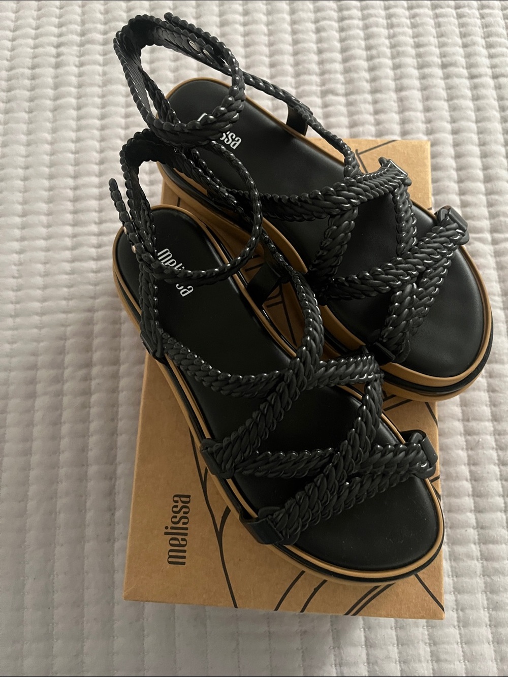 Melissa Black Braided-strap Platform Sandals with Tan Trim